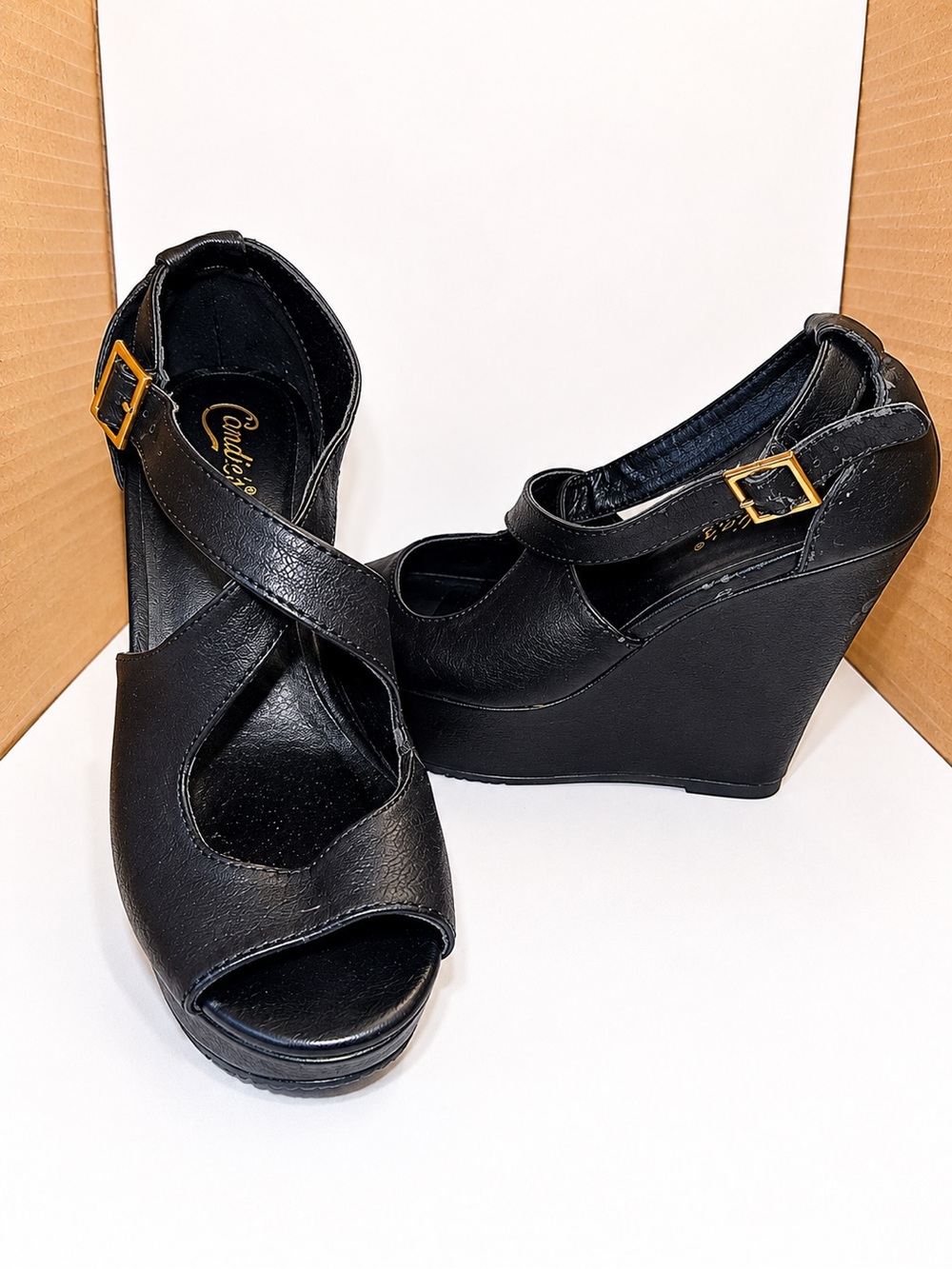 Candie's Black Peep-Toe Crisscross Wedge Sandals with Gold Buckles